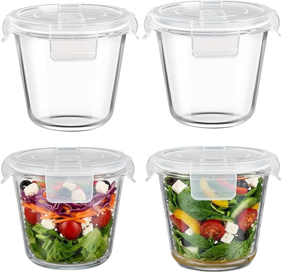 H.JSS WDJS Glasbehälter Mit Deckel, Rund glasbehälter mit deckel stapelbar, Glas Frischhaltedosen, Meal Prep Gläser, Suppenbehälter Mit Luftdichten Deckeln, Mikrowellen, Spülmaschinenfest (Weiß-710ml)