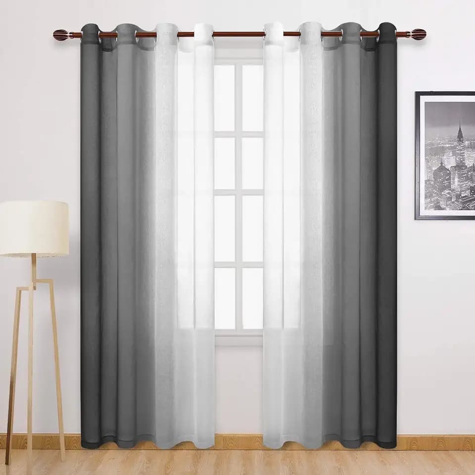 DWCN Ombre Faux Linen Sheer Curtains - Semi Voile Gradient Grommet Top Curtains for Bedroom and Living Room, 52 x 108 Inches Long, Set of 2 Window Curtain Panels, Black