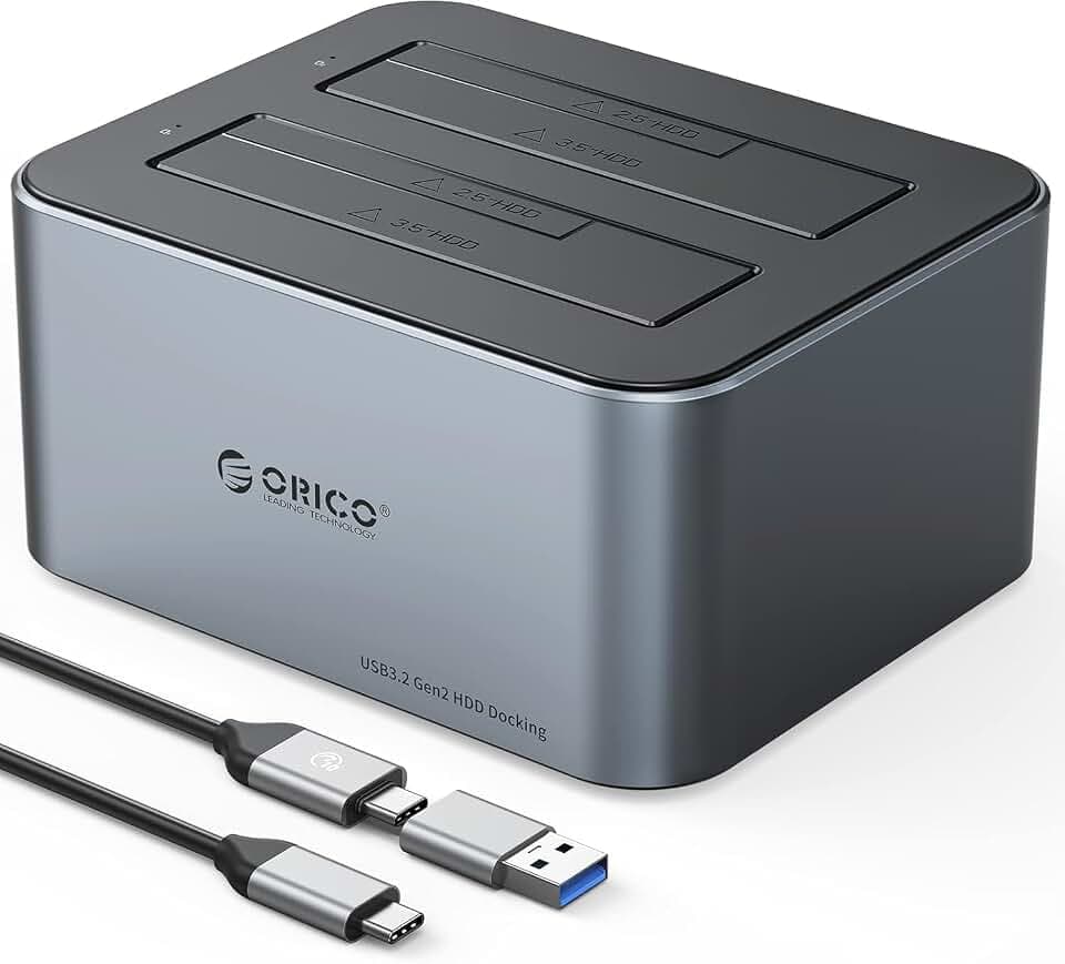 ORICO Dual Festplatten Dockingstation, USB 3.2 Gen 2 Aluminium Docking Station für SATA 2,5/ 3,5 Zoll SSD/HDD, mit Offline Klon, 12V 2A Netzteil, Unterstützt 2*18 TB, Werkzeuglose(6626C3-C)