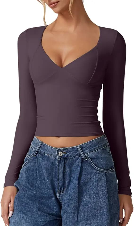 QINSEN Women's Long Sleeve V Neck T Shirts Double Lined Crop Top Seamed Cup Going Out Tops