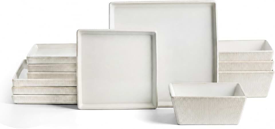 Stone Lain Grace Stoneware 12-Piece Modern Square Dinnerware Set, Ribbed Plates and Bowls Set, White