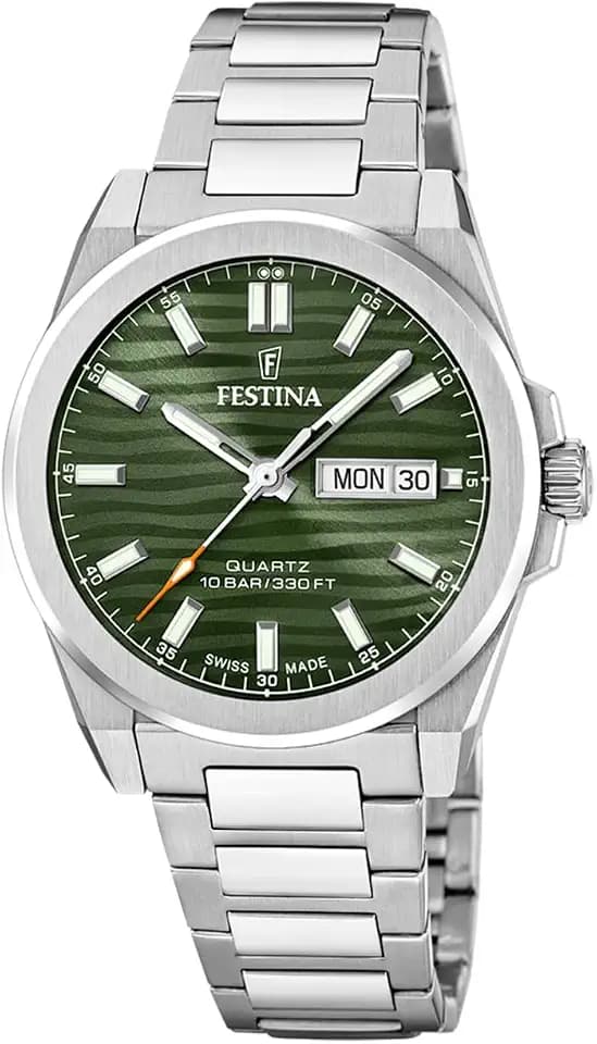 Festina Swiss Made Herrenuhr Analog aus Edelstahl 316l Silberfarben | Quarzwerk Kalender Robustes Saphirglas Wasserdicht 10 ATM Classic Steel