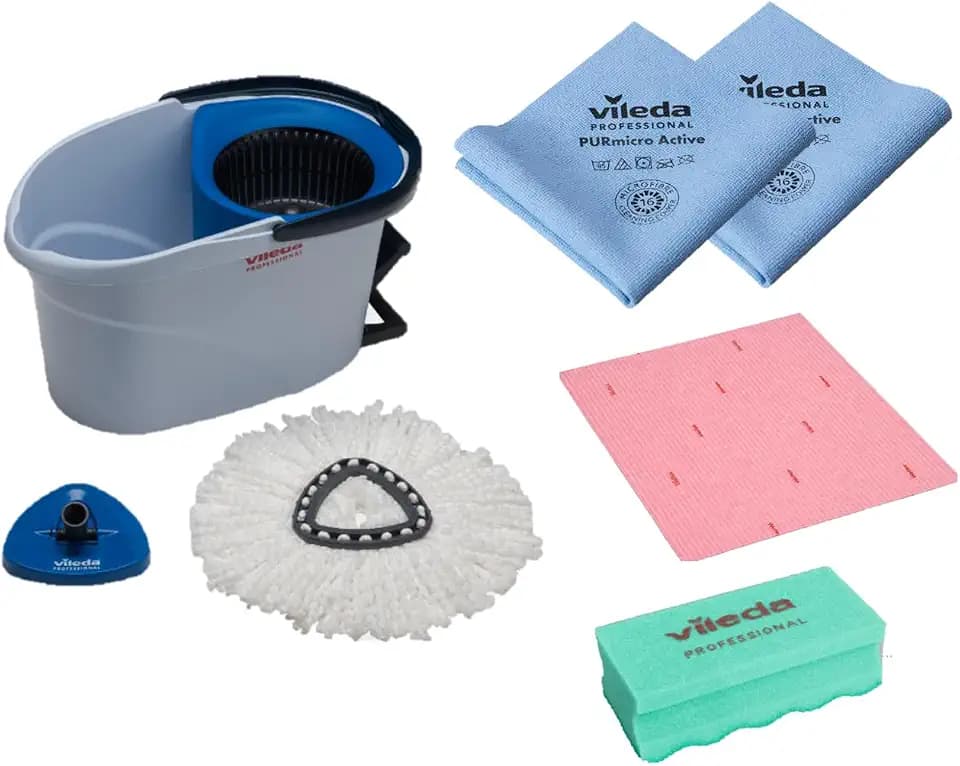 Vileda Professional Set Bodenwischer mit drehbarem Wischmopp, UltraSpin Mini Welcome Kit, Pedaleimer, Mikrofaser-Mopp, Schwamm und PURmicro Blaue Tücher, Reinigung für Hotels, Bars und Restaurants