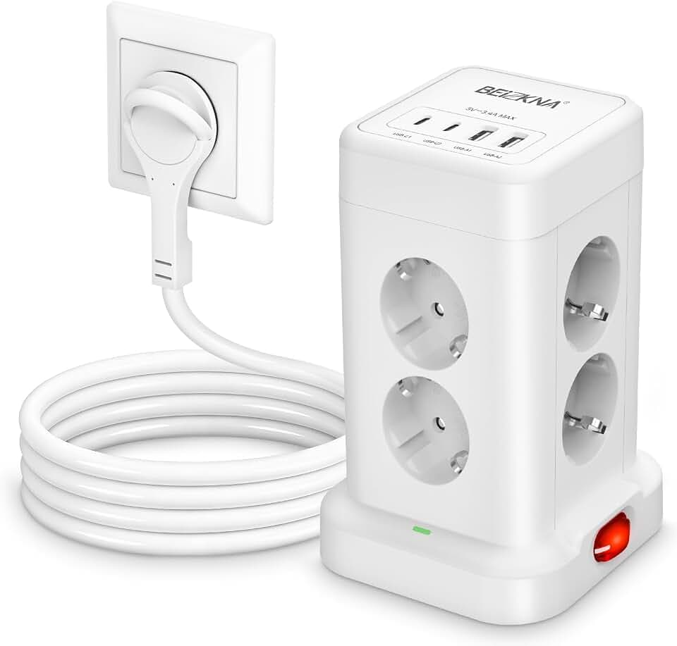 Beizkna Mehrfachsteckdose 8-Fach 4 USB Steckdosenleiste Flachstecker 2M