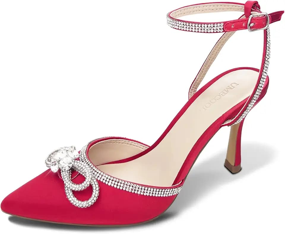 Rhinestone Bow Heels for Women, Slingback Kitten Heels Pumps Stilettos Satin, Closed Pointed Toe Ankle Strap Kitten Heel Sandals Formal Shoes for Wedding Bridal Party Evening Prom Dress Shoes