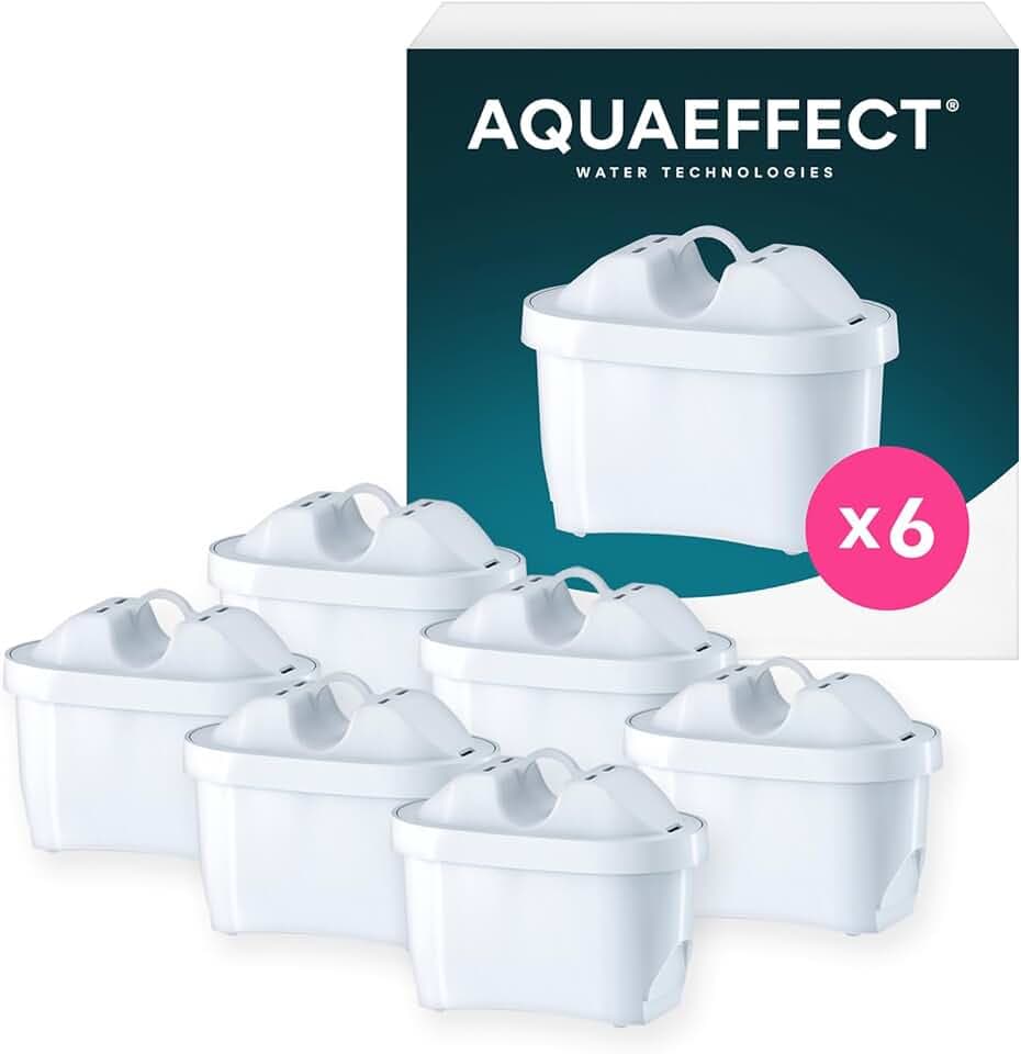 AQUAEFFECT MAX+ Wasserfilter Kartuschen 6 Stück – Filterkartuschen für Wasserfilter Kannen, passend für viele gängige Filterkannen, gegen Kalk & Chlor