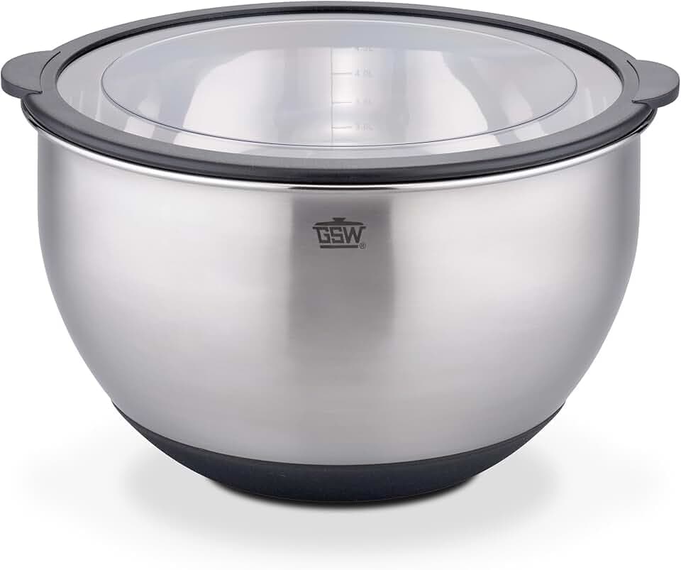 GSW Servierschüssel Primo 24 cm, Hochwertige Edelstahl Rühr- & Salatschüssel mit luftdichtem Deckel, Teigschüssel, Küchenschüssel & Servierschale, 4.8 L, Silber