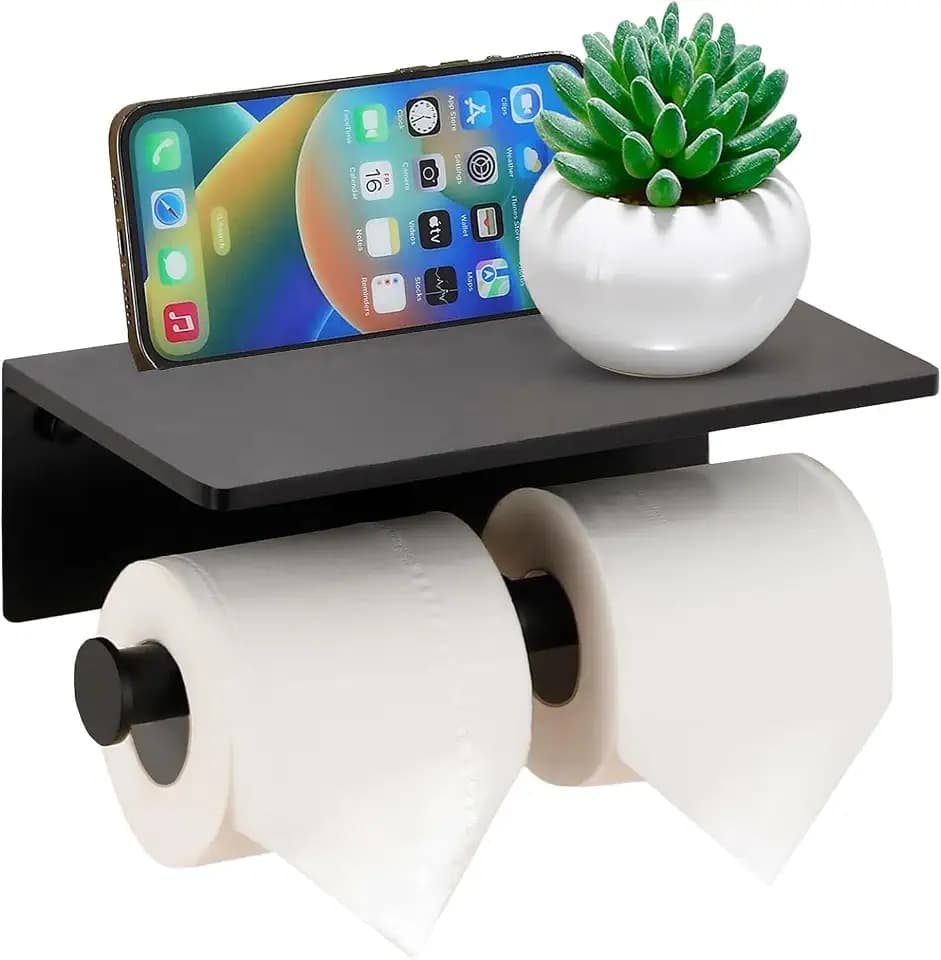 Doppelrollen-Toilettenpapierhalter mit Regal, wandmontierter Edelstahl-Taschentuchspender für das Badezimmer (Schwarz)