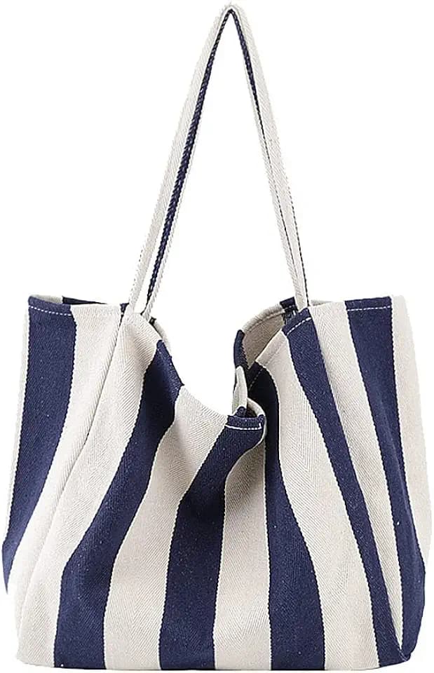 Striped Canvas Tote Handbag for Women Vertical Stripe Bag