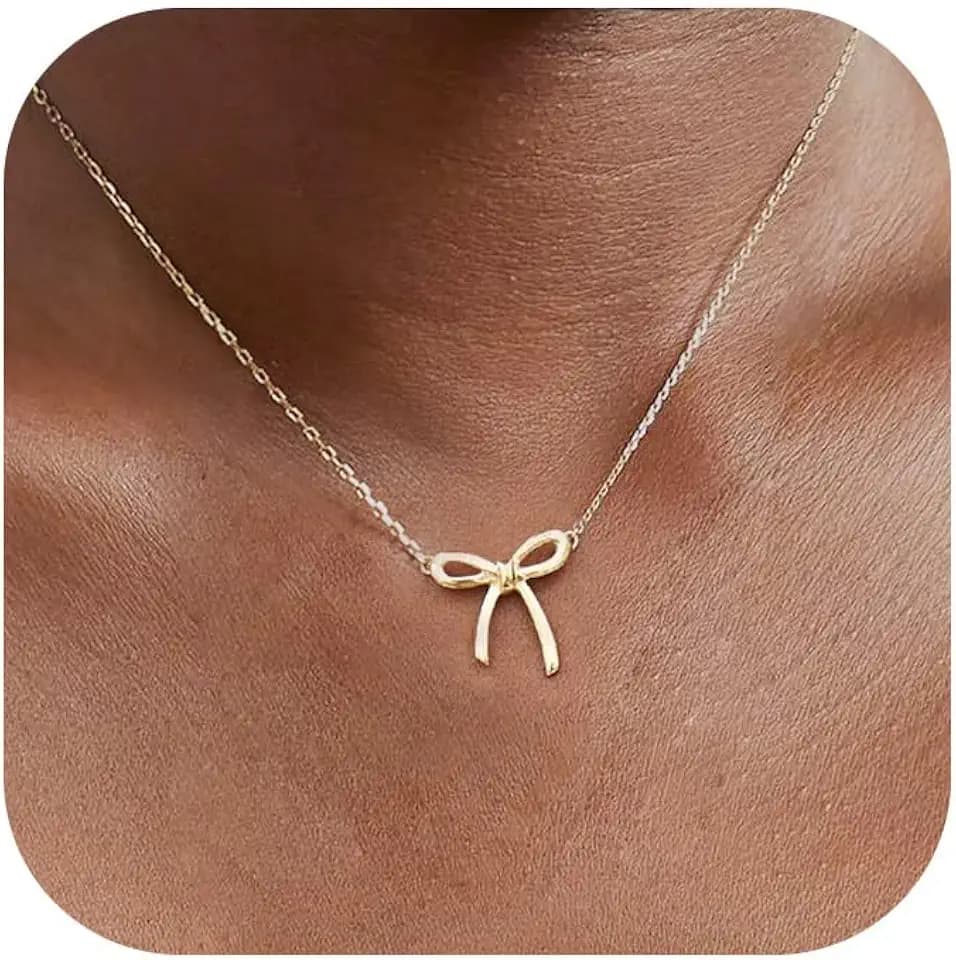 Tewiky Halskette für Damen, 14K Gold Schleife Anhänger Kette Schmuck
