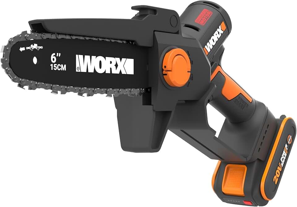 WORX WG327E Akku Mini-Kettensäge 20V, inkl 2Ah Akku und Ladegerät | 15cm Schwertlänge, bürstenloser Motor, werkzeugloser Kettenwechsel und -spannung, kompakt, leicht und Strauchpflege
