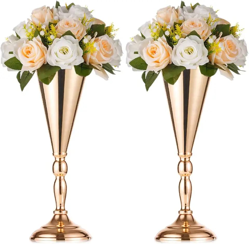 NUPTIO 2 Pcs Set Metal Wedding Flower Trumpet Vase Stand Table Decorative Centerpiece Artificial Flower Arrangements for Anniversary Ceremony Party Birthday Event Aisle Home Decoration