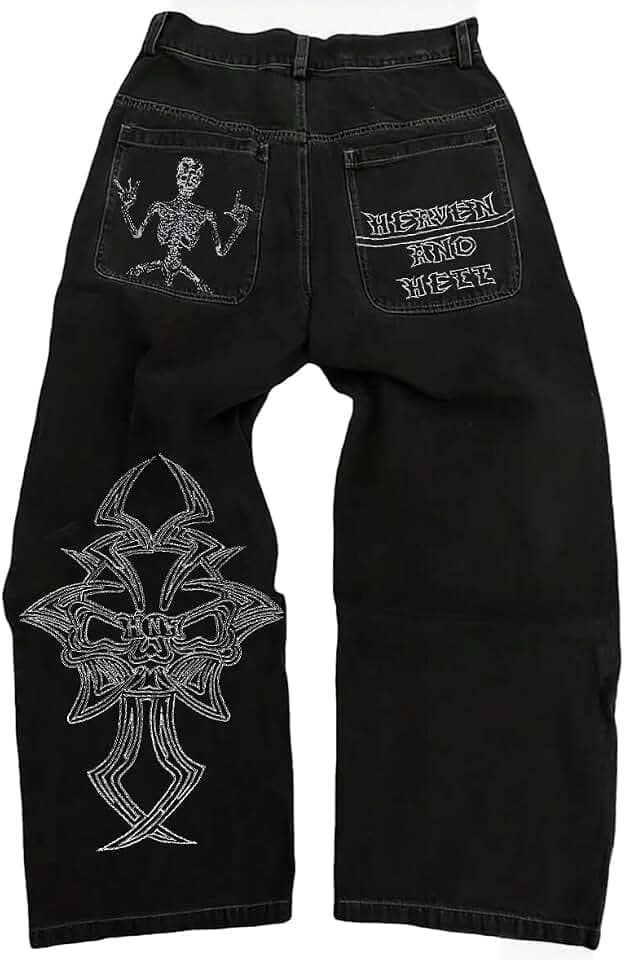 Y2K Baggy Jeans Men Women Skull Embroidery Gothic Wide Leg Denim Pants