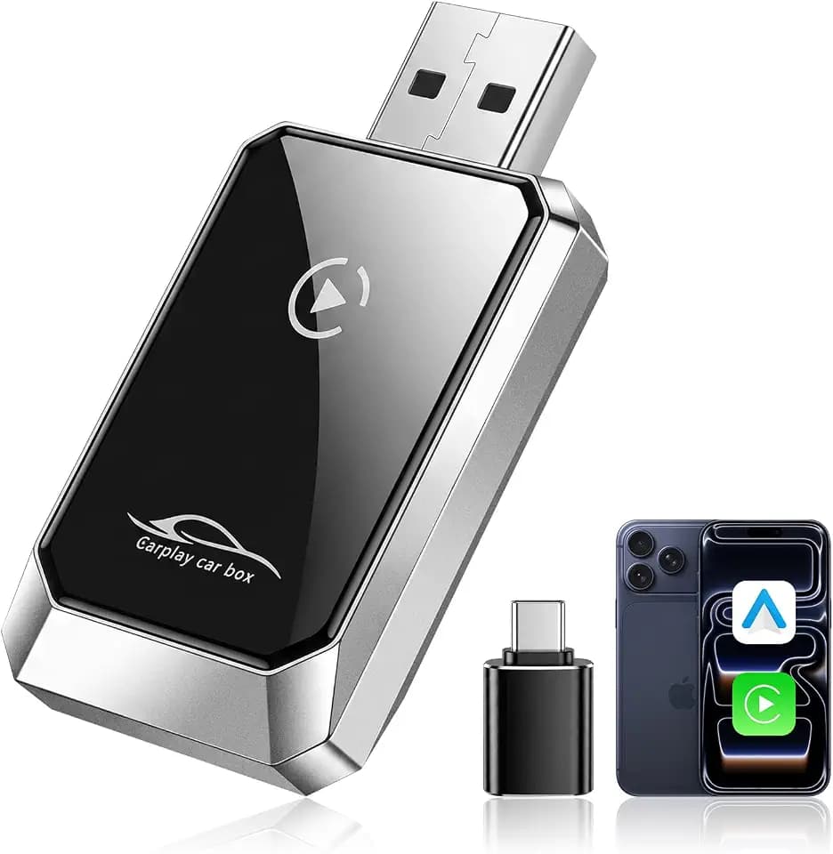 Wireless CarPlay Adapter for iPhone, 2-in-1 CarPlay & Android Auto Adapter, Converts Factory Wired CarPlay and Android Auto to Wireless, Auto Reconnect, USB-A Plug with USB-C Adapter, Silver