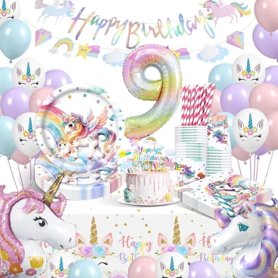 Einhorn Partygeschirr Set,Einhorn Deko Kindergeburtstag,Geburtstagsdeko Mädchen 9 Jahre,Pappteller Kindergeburtstag mitLuftballons Pappteller Tassen Servietten Tischdecke
