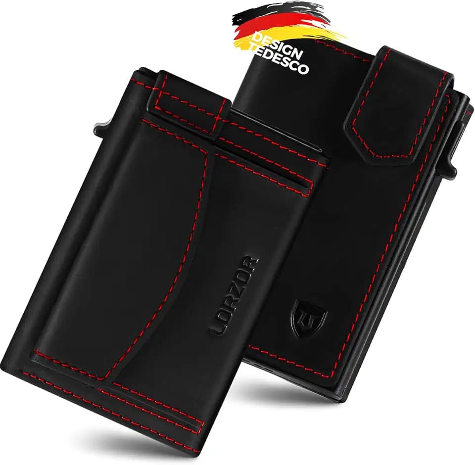 LORZOR Kartenetui mit XXL münzfach für 10+ Münzen, Slim Wallet mit Magnetischer Verschluss, Geldbörse Herren RFID Schutz, Portemonnaie Klein, Portmonee,Geldbeutel Brieftasche für 10 Karten schwarz rot