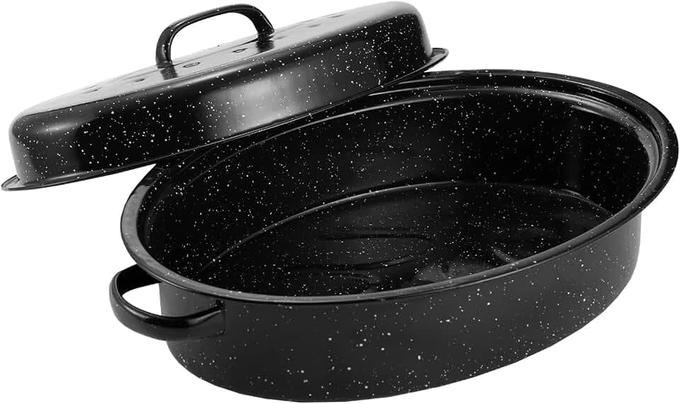 Granite Roasting Pan, Medium 15.7” Enameled Roasting Pan with Domed Lid.
