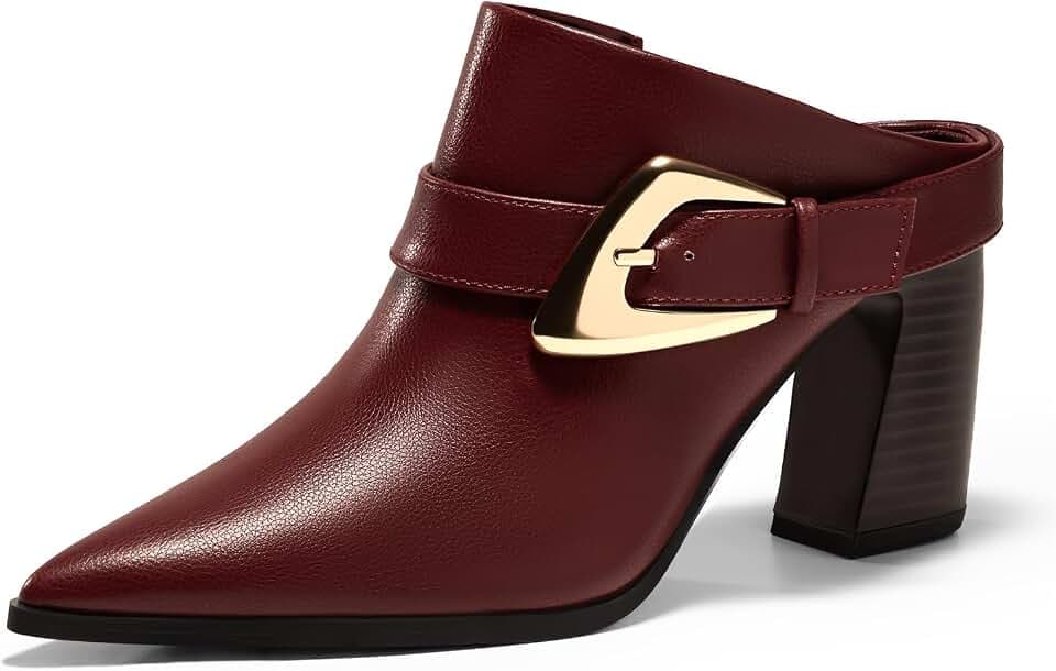 Coutgo Womens Mules Boots Chunky Stacked Heel Pointed Toe Booties Slip On Dress Boot Shoes with Buckle Decoration