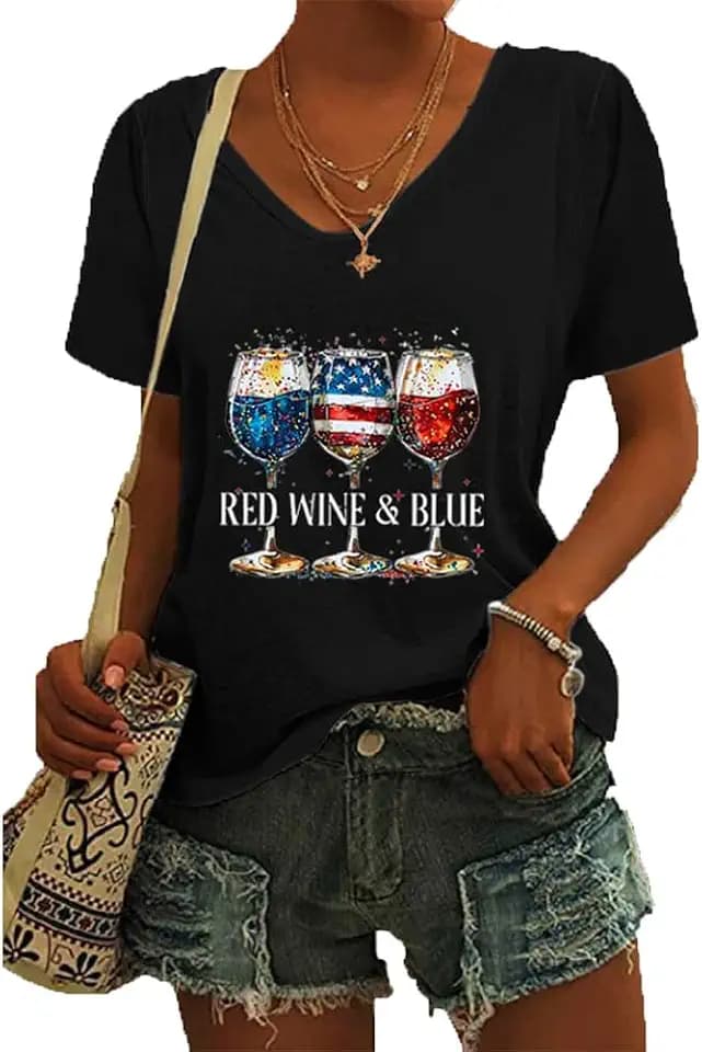 Generic Red Wine and Blue Shirts for Women 4th of July Shirts with Wine Glasses Flag, Large