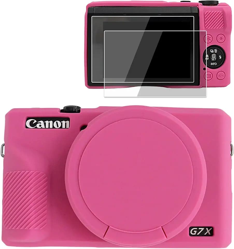 VOVMOEYA Silicone Case for Canon Powershot G7X Mark III, Canon G7X3 G7X III Case with 2 PCS Screen Protector, Full Protection G7X Mark III Accessories with Detachable Lens Cover-Dark Pink