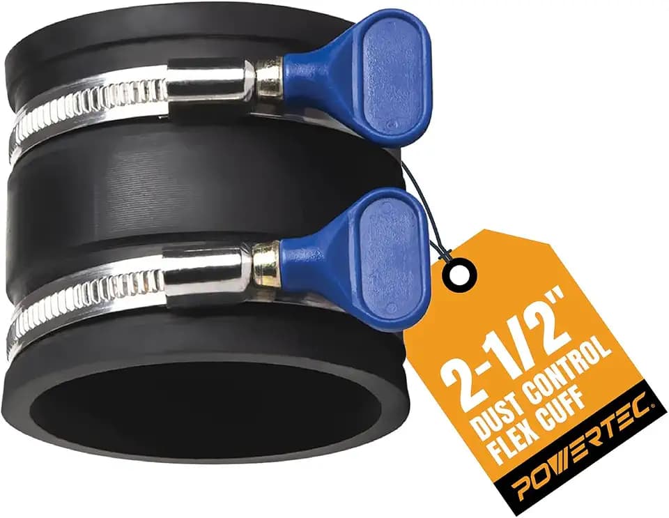 POWERTEC 70337 2-1/2" Dust Control Flex Cuff with Adjustable Key Hose Clamps, Hose Connector Rubber Cuff Coupler for Woodworking Dust Collection Fittings, Dust Collector Accessories & Machinery, 1pk