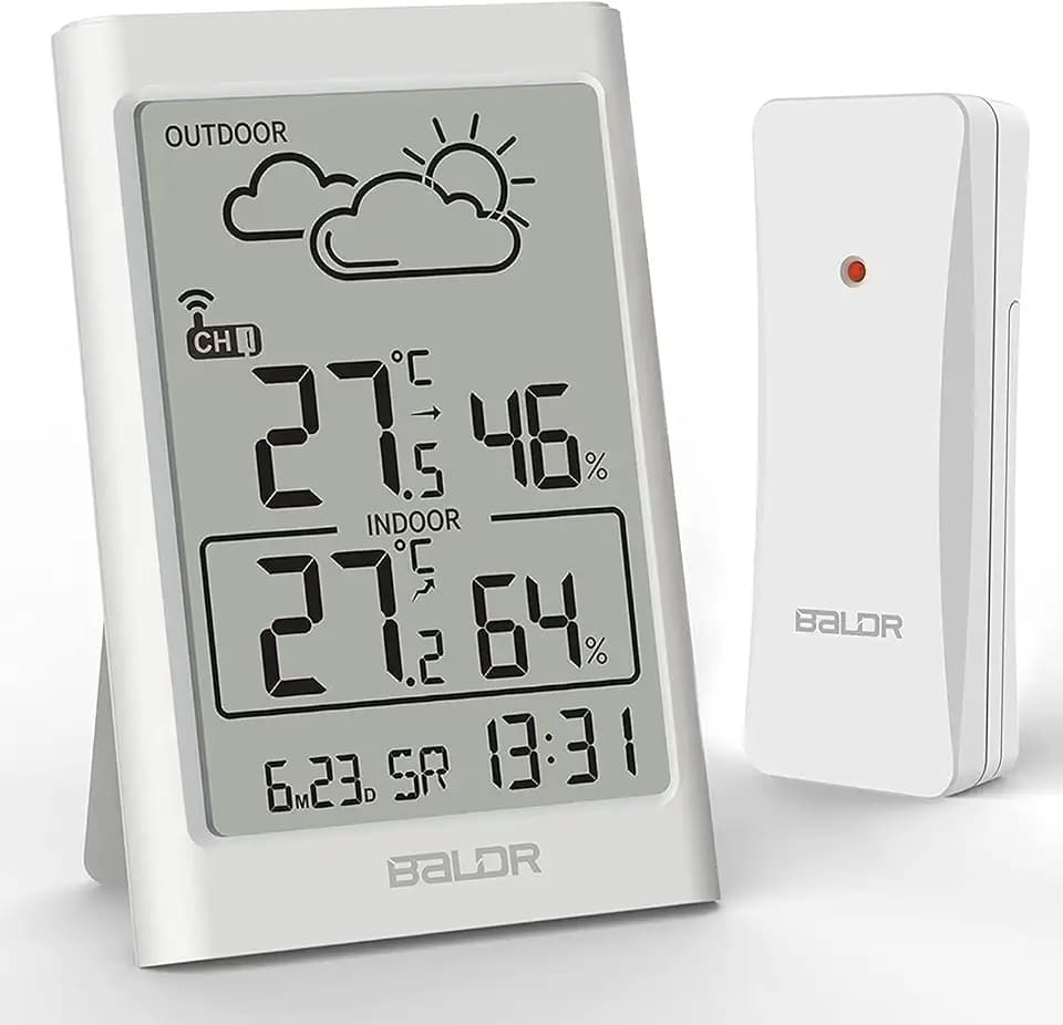 Baldr Wetterstation Funk mit Außensensor und Thermometer Hygrometer für Schlafzimmer, Büro, Wohnzimmer (Weiß)