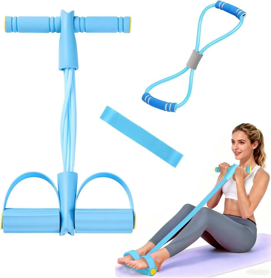 Bauchtrainer, Multifunktionales Spannseil mit Rückentrainer & Fitnessbänder, Sit-Up Trainingsgeräte, 6 Tubes Elastische Zugseil, Sportgeräte Zuhause für Trainieren von Taille Beinen Bauch, Blau