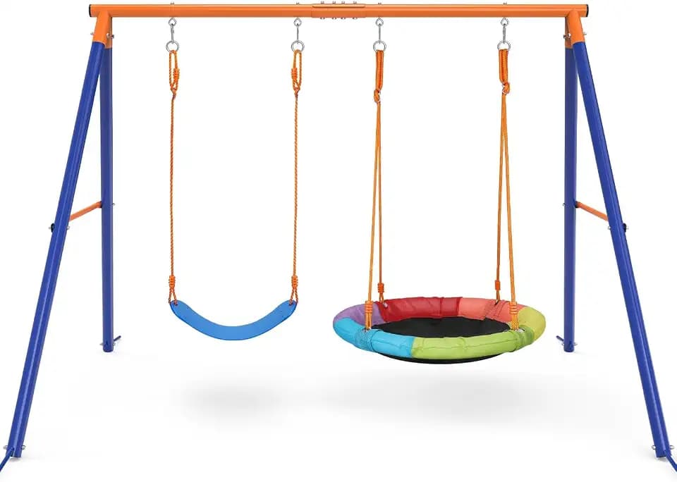 Amictoy Swing Set for Backyard, 32" Saucer and Belt Seat, 440 lb Frame