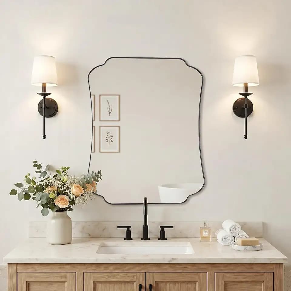 MIRRORART 24x30'' Matte Black Bathroom Mirrors for Wall, Scalloped Mirror