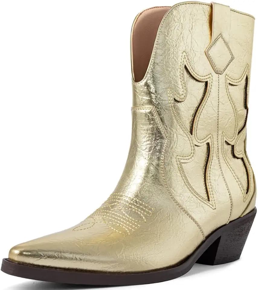 HOCHFART Cowboy Boots for Women Pointed Toe Pull On Boots Metallic Embroidered Western Cowgirl Boots with Chunky Heel for Wide Calf