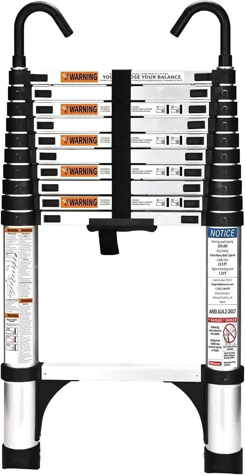 HBTower 3,2m Teleskopleiter Aluminium mit Haken, Leichte Ausziehleiter, Leiter Ausziehbar, klappbare Leiter für Dachböden, Caravans, 150kg Tragfähigkeit, Silber