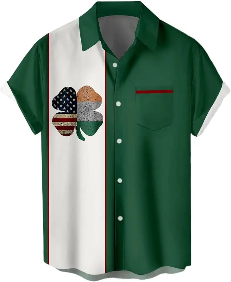 Men's St Patricks Day Shirt Funny Green Clover Saint Pattys Day Shirts Short Sleeve Button Down Shirt