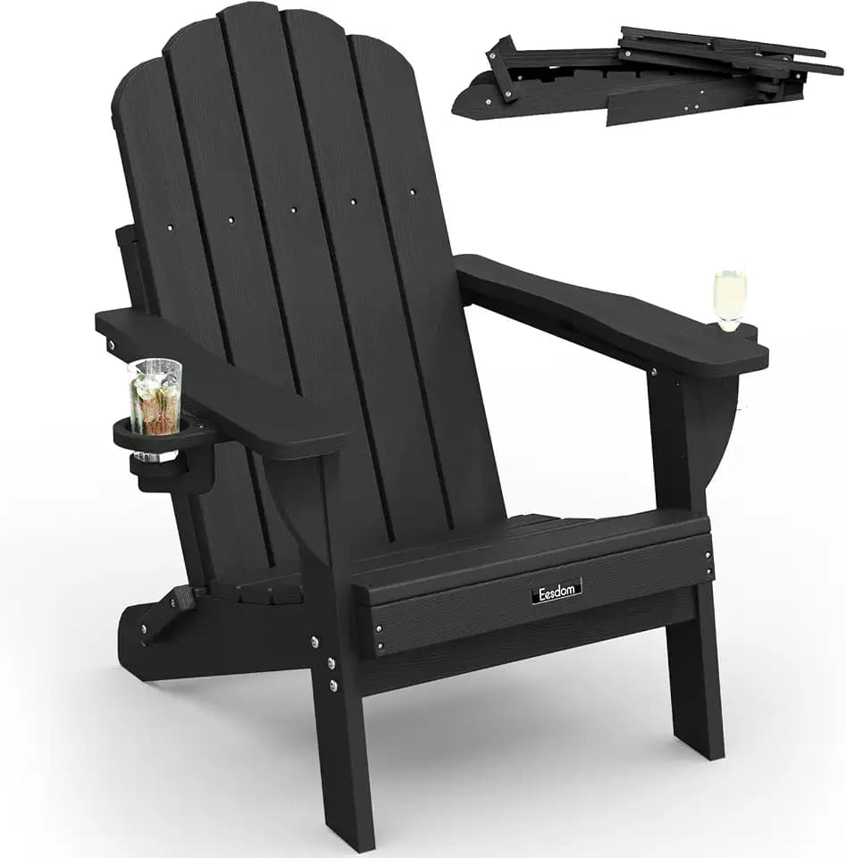 Folding Adirondack Chair, All-Weather HDPE Plastic Patio Chair with 2 Cup Holders, Wooden Textured Lawn Chair, Perfect for Fire Pit,Black