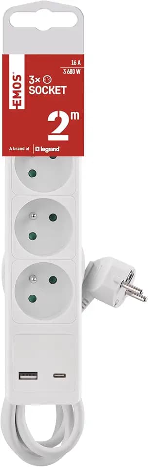 EMOS - Steckdosenleiste 3-Fach mit USB-Laden und 2m Kabel, French-Standard