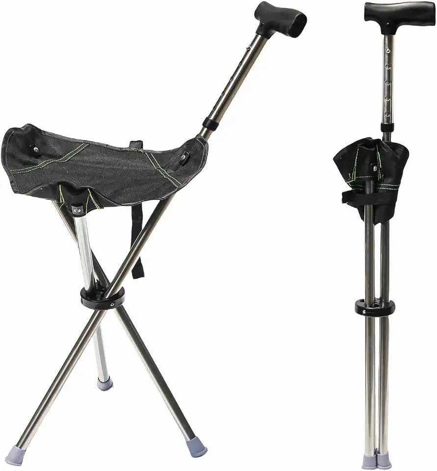 FATTCHIAR Cane with Seat, Walking Stick with Seats, Cane Chair Capacity 330lbs, Adjustable Height Folding Lightweight Portable Stool for Adults Seniors Hiking Camping