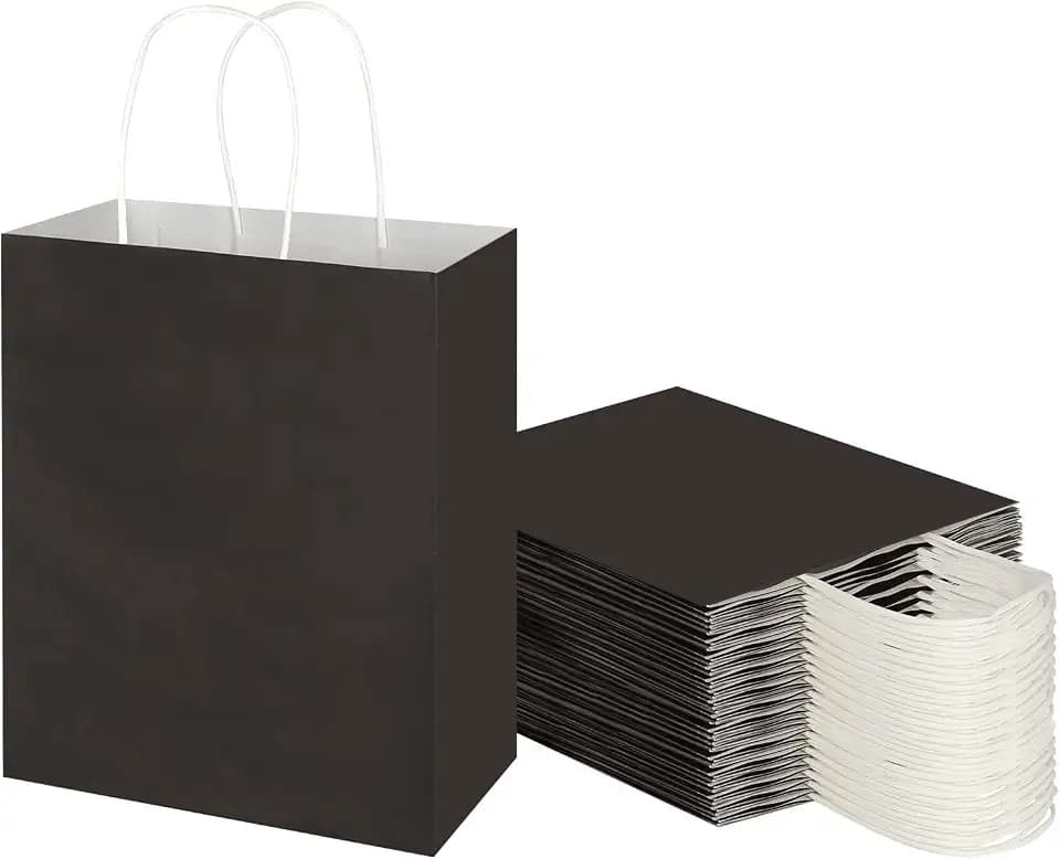 Toovip 50 Pack 8x4.75x10 Inch Medium Black Kraft Paper Bags with Handles Bulk, Gift Wrap Bags for Favor Grocery Retail Party Birthday Shopping Business Goody Craft Merchandise Take Out Recycable Sacks