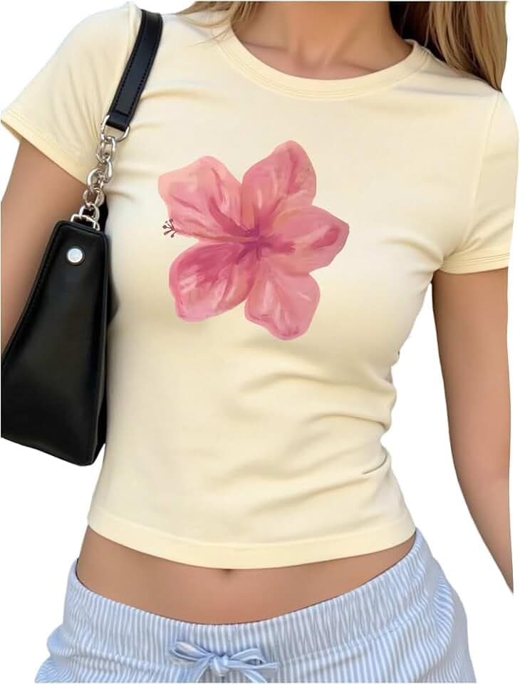 RoseSeek Girl's Floral Graphic Crop Top Slim Fit Short Sleeve Summer Tops