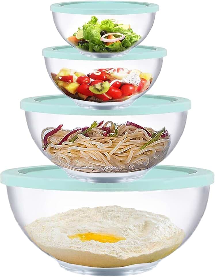 Glasschüssel Mit Deckel Rund, 4 Salatschüssel Glas Mit Deckel (0,5L, 1,0L, 2,0L, 3,5L), Glasschüssel Set Groß, ideal zum Aufbewahren von Lebensmitteln, Kochen, Backen, Vorbereiten, Spülmaschinenfest