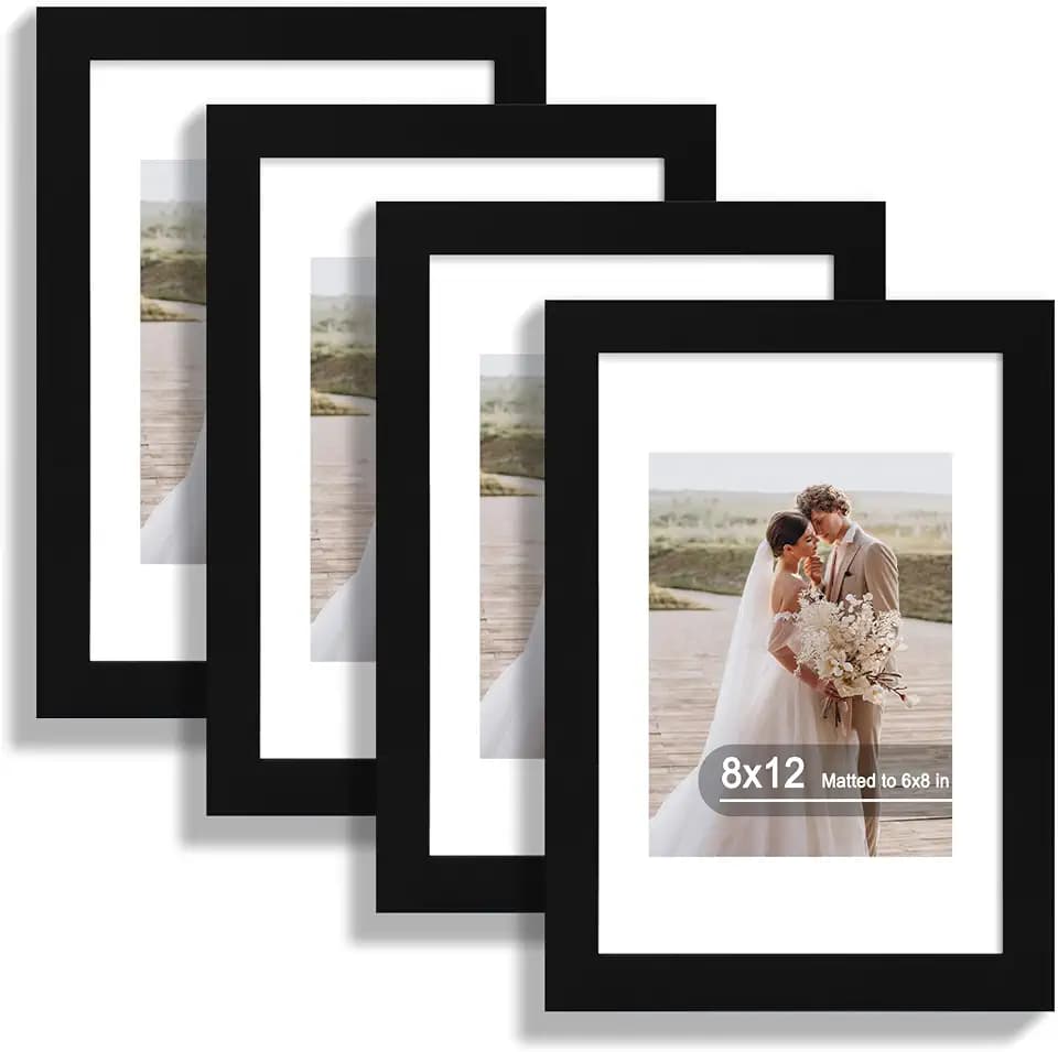 Hongkee 8x12 Picture Frame Set of 4, Real Glass and Wood Frame, 6x8 Mat