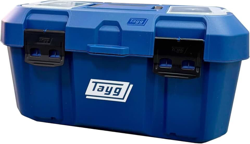 Tayg Werkzeugkasten 46, blau, herausnehmbarer Koffer und Innenfach, Metallverschlüsse aus Stahl, Deckel mit Schubladen, belastbar bis 120 kg, leere Werkzeugkiste aus Polypropylen, 500 x 279 x 254 mm