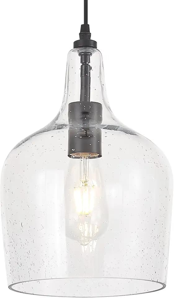 Seeded Glass Pendant Light Modern Black 1 Light Single Dome Pendent Lighting Fixtures for Kitchen Island Dining Room Hallway, Dia 9 Inch, E26, UL Listed