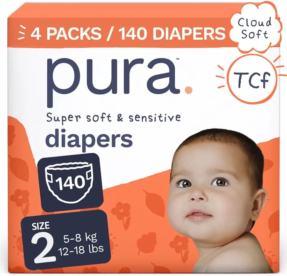 Pura Baby Diapers Size 2 (12-18 lbs) 140 Count Sensitive Skin