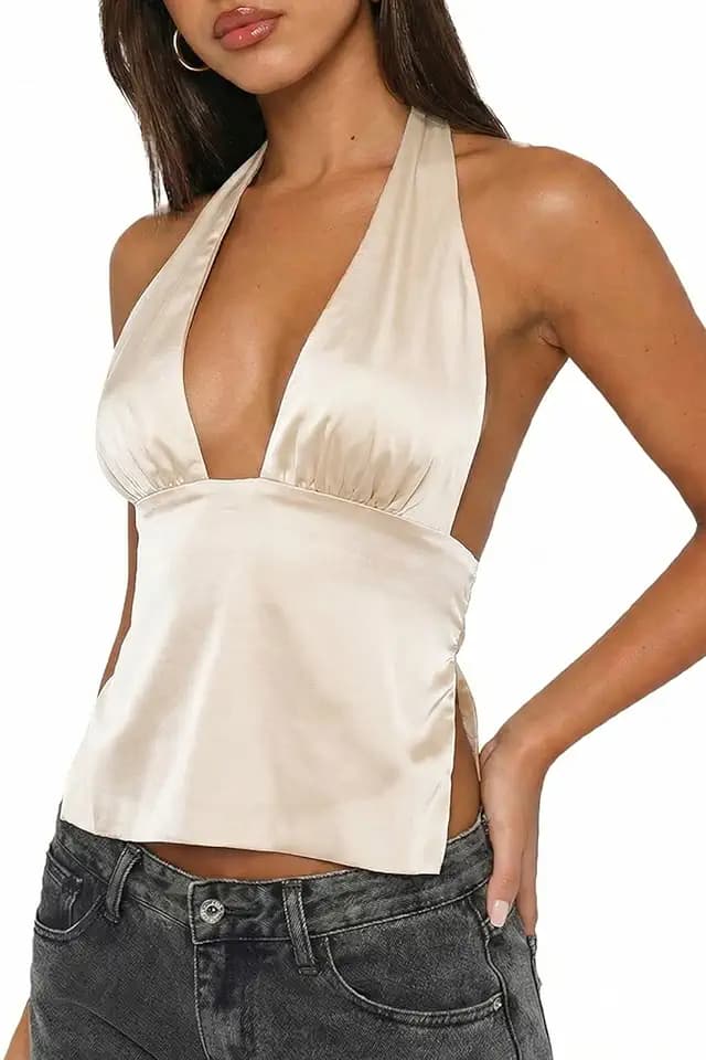 UNCOOYEE Womens Sexy Deep V Neck Halter Tops Backless Tie Y2k Going Out Top