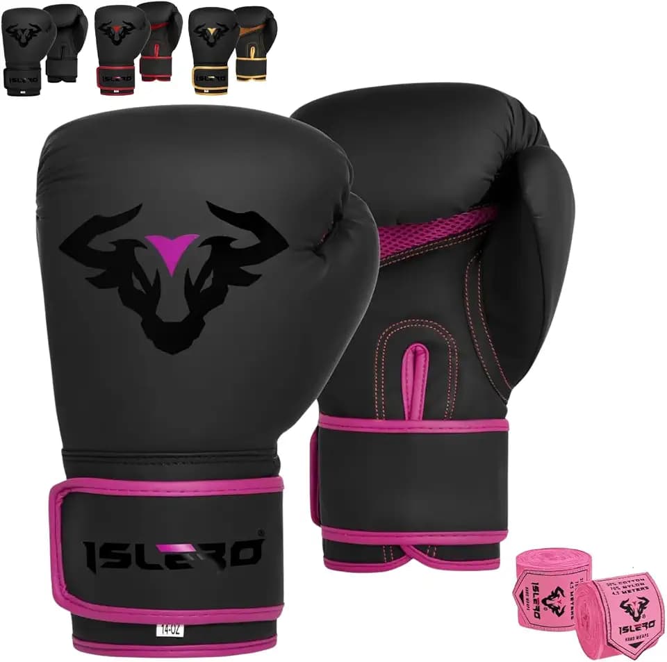 Islero EVO Fitness Matte Black Boxing Gloves Men Punch Bag Women Pink MMA Muay Thai Martial Arts Kick Boxing Sparring Training Fighting Gloves with Hand Wraps