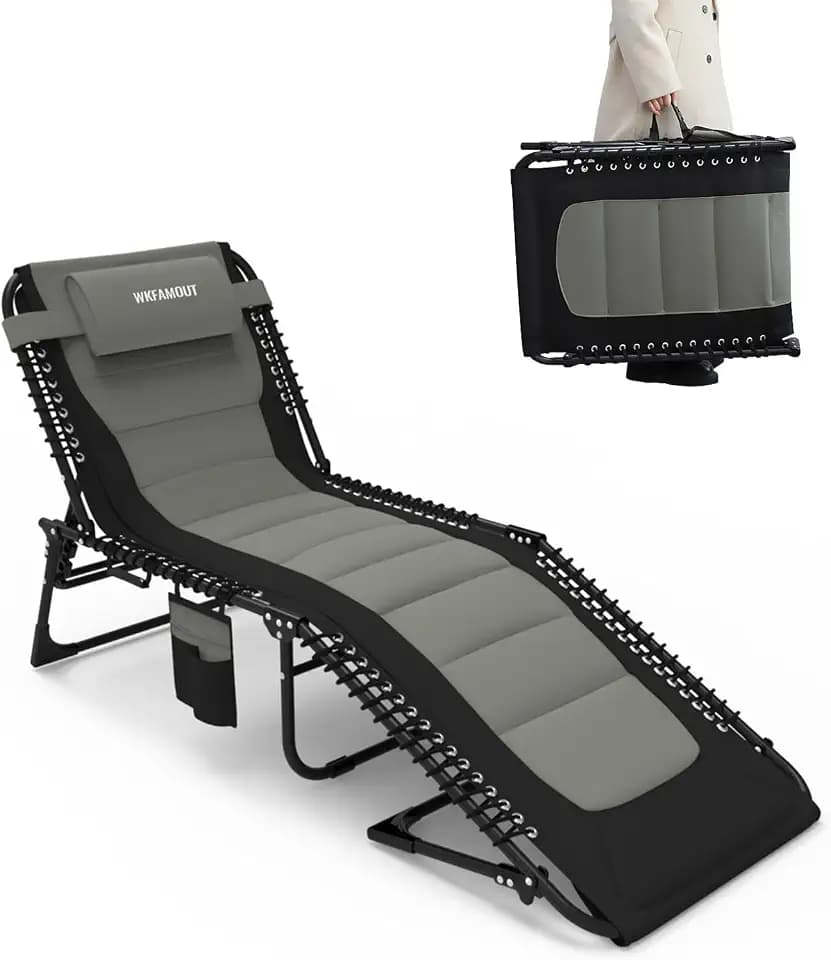 Outdoor Folding Lounge Chair Padded for Adults 264Ibs Patio Chaise Lounge Chair for Outside 5-Position Adjustable Reclining Beach Chair with Pillow Pocket