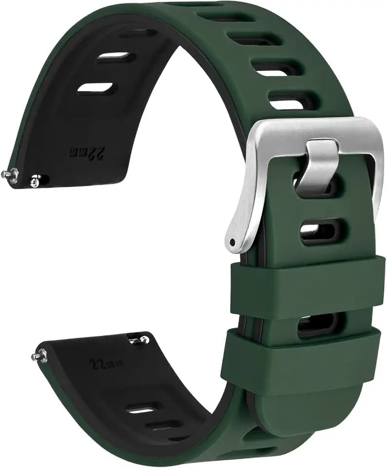 WOCCI 22mm Bicolor Watch Band, Silicone Rubber, Quick Release Replacement Strap for Men and Women, Silver Stainless Steel Buckle (Green-Black)