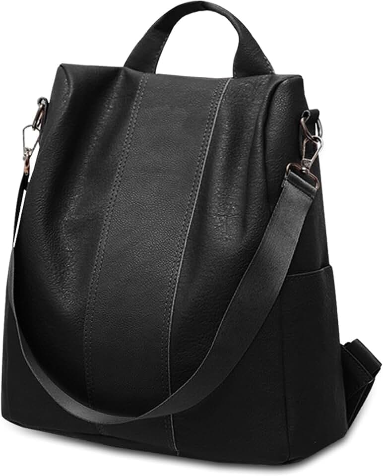 AfitLulu Rucksack Damen Klein Wasserdichter Rucksacks Kunstleder Schulrucksack mit Kordelzugtasche, Mini Klappe Daypack Vintage Kleiner Rucksack Reiserucksack mit Verstellbarem Gurt (Schwarz-L)