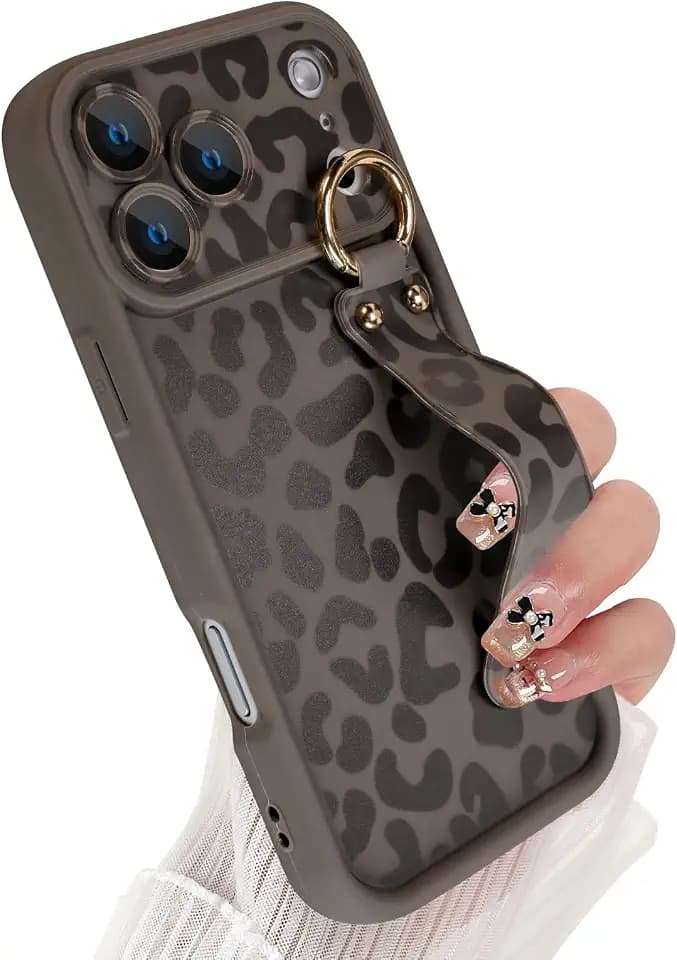 Cute for iPhone 17 Pro Max Case with Strap Stand, Brown Leopard