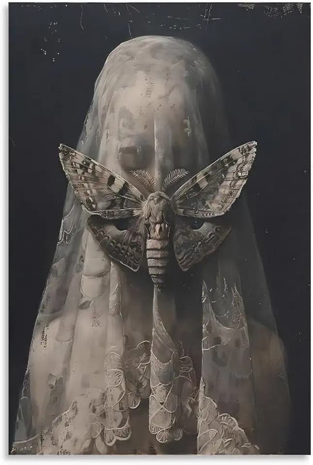 Veiled Woman Moth Gothic Canvas Printing Wall Art Prints Posters Wall Decor Dark Academia Witchy Aesthetic Occult Moody Portrait For Living Room Bedroom Home Office Study 12x18inch(30x45cm)
