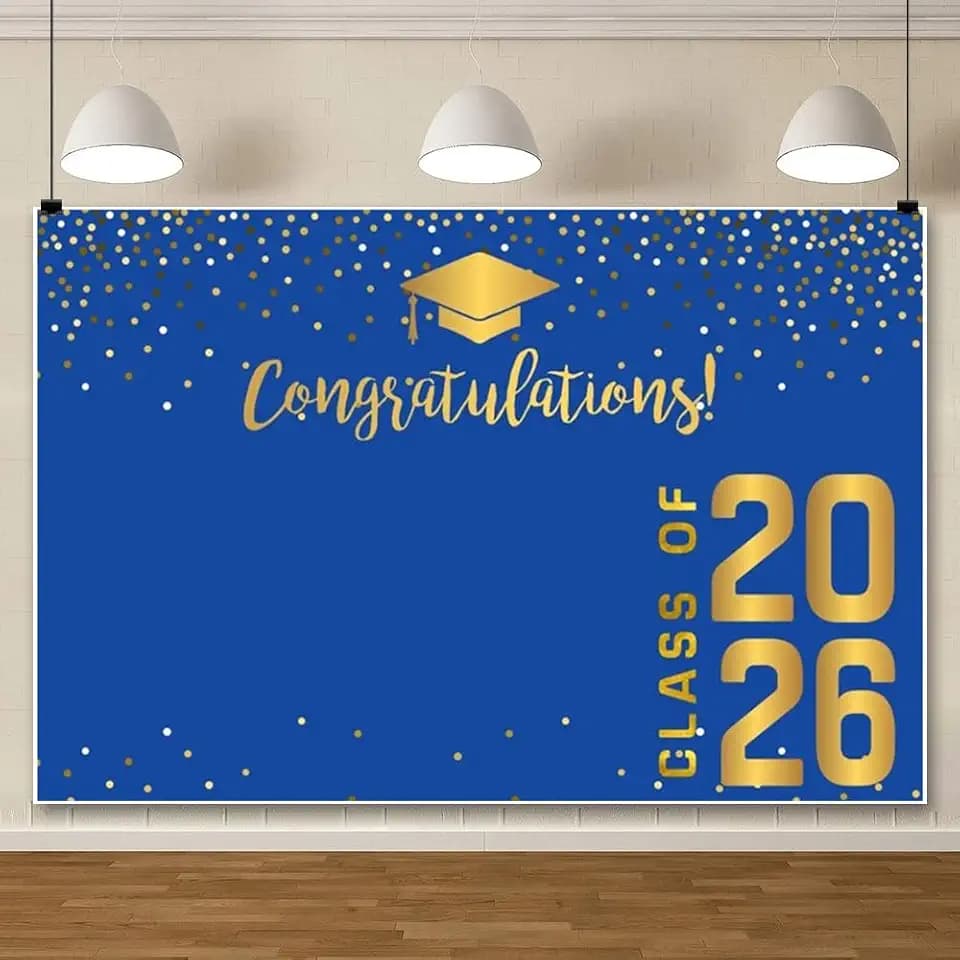 10x8ft Congrats Grad Backdrop Blue Gold Class of 2026 Glitter Dots Photography Background Bachelor Cap Graduation Backdrop Banner for Graduation Prom Party Photo Booth Props